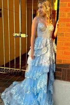 Impresionante vestido de fiesta de noche con encaje en capas y abertura en la espalda PSK456