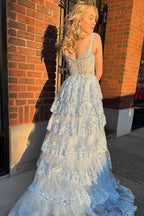 Impresionante vestido de fiesta de noche con encaje en capas y abertura en la espalda PSK456