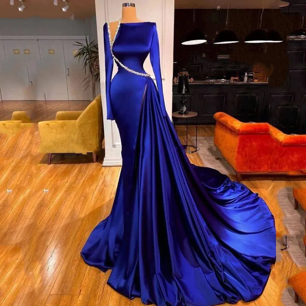 Elegantes vestidos de noche azul real modestos Y4193