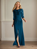 Vestido para madre de la novia de crepé elástico con encaje color ciruela