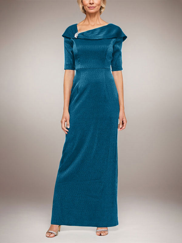 Vestido largo de columna brillante con puños doblados, escote en L y mangas hasta el codo