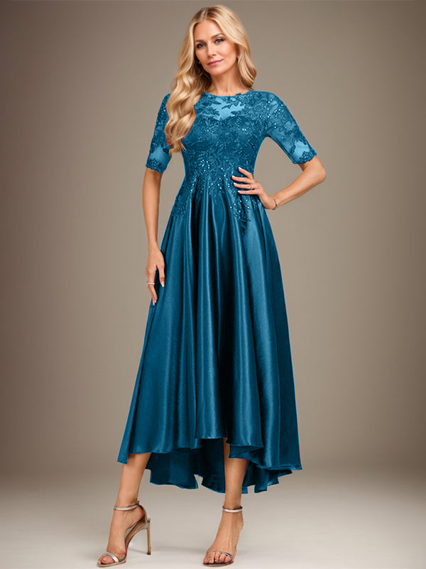 Vestido de madre de la novia de encaje satinado elástico asimétrico con ilusión de escote redondo y lentejuelas