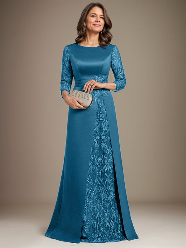 Vestido de madre de la novia de satén con encaje, corte A, largo hasta el suelo y apliques