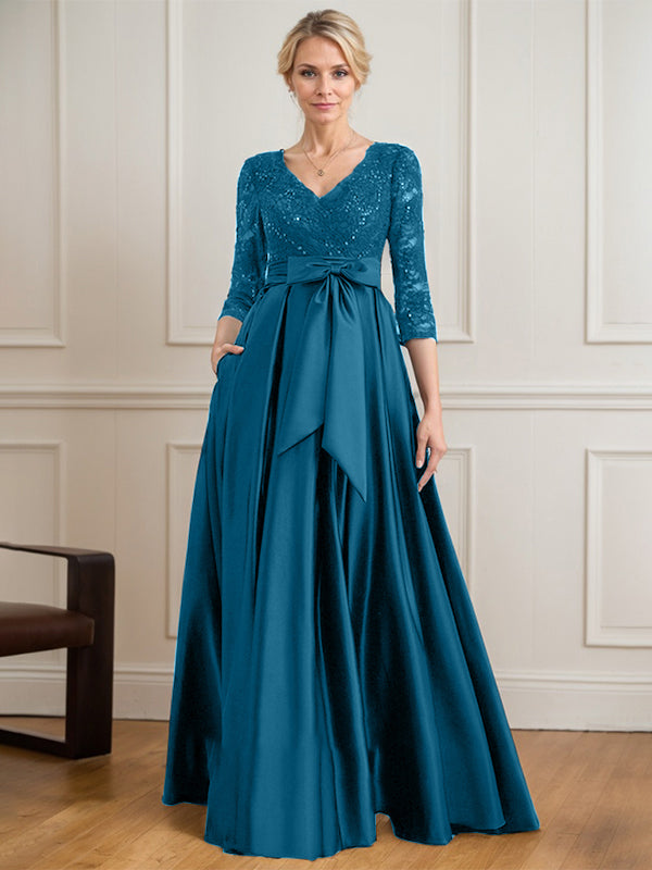 A-Linie V-Ausschnitt Bodenlanges Satin-Spitzenkleid für die Brautmutter mit Paillettenschleife 