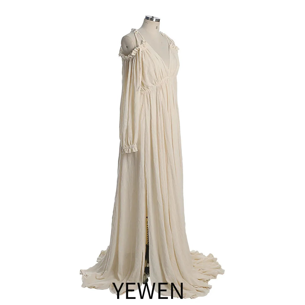Adjustable Neck Boho Long Sleeve Solid Color Maternity Photo Shoot Dresses with Side Slit Fancy Photography Props YEWEN SY230307