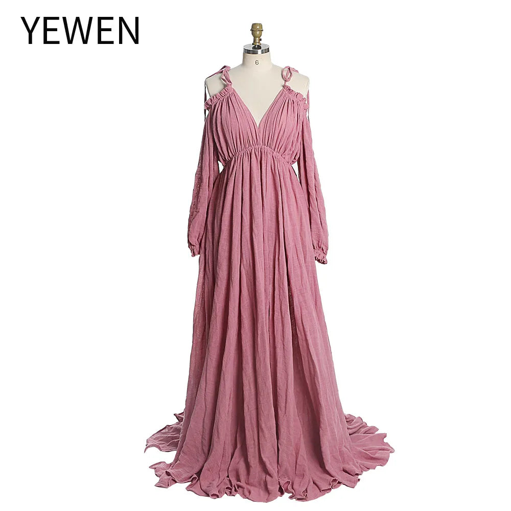 Adjustable Neck Boho Long Sleeve Solid Color Maternity Photo Shoot Dresses with Side Slit Fancy Photography Props YEWEN SY230307