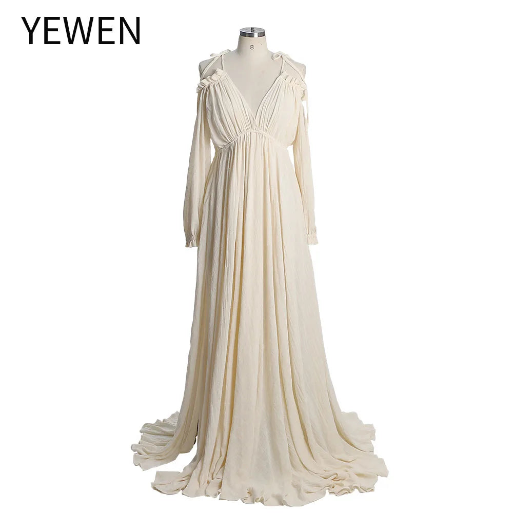 Adjustable Neck Boho Long Sleeve Solid Color Maternity Photo Shoot Dresses with Side Slit Fancy Photography Props YEWEN SY230307