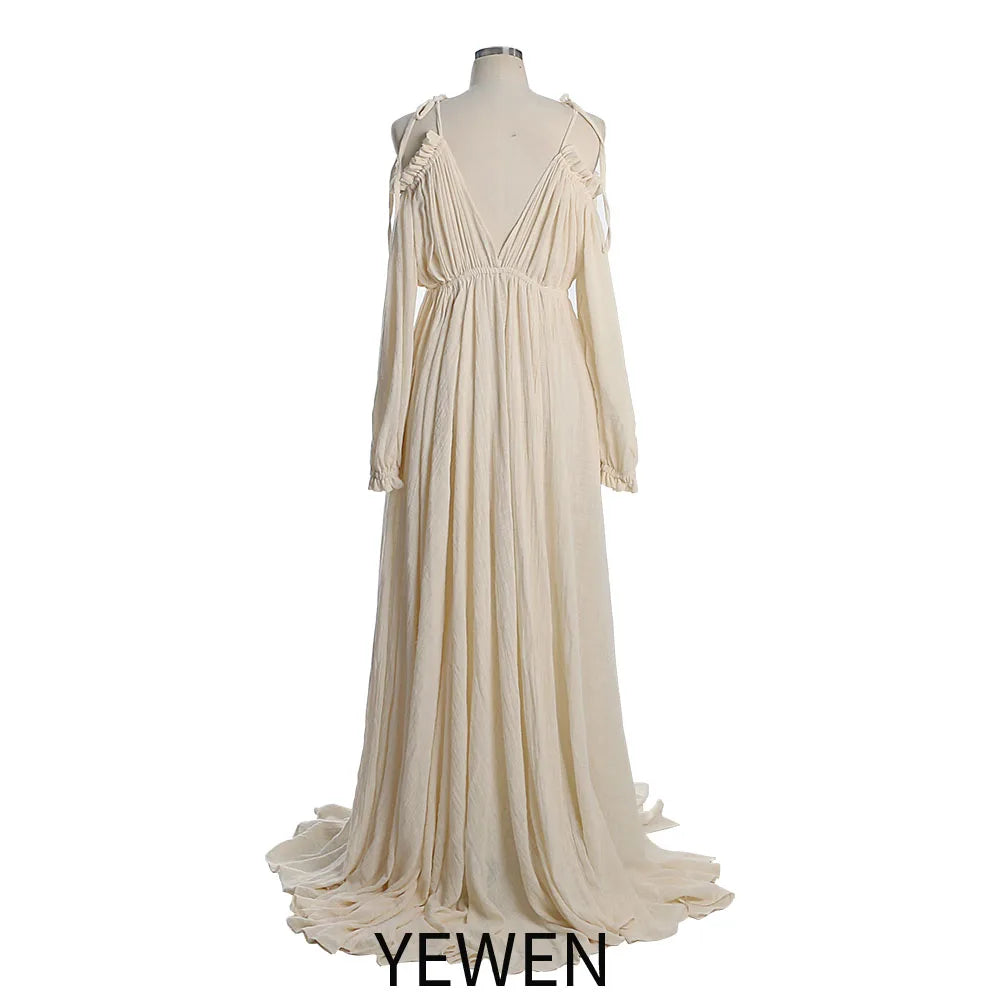 Adjustable Neck Boho Long Sleeve Solid Color Maternity Photo Shoot Dresses with Side Slit Fancy Photography Props YEWEN SY230307