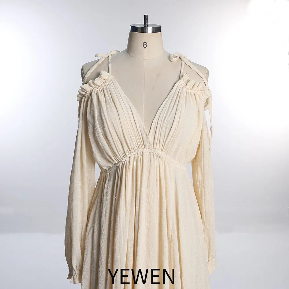 Vestido de maternidad bohemio de manga larga, cuello ajustable, color liso, con abertura lateral y accesorios de fotografía elegantes YEWEN SY230307 