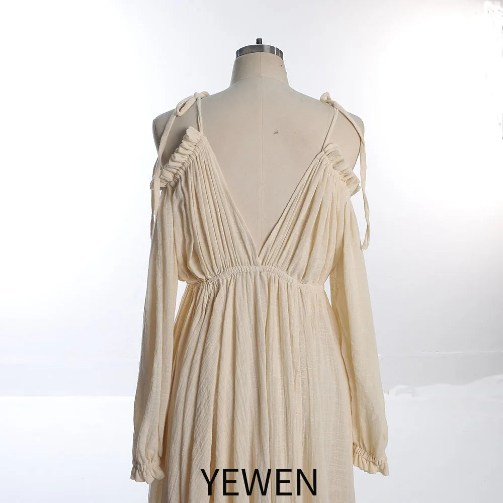 Vestido de maternidad bohemio de manga larga, cuello ajustable, color liso, con abertura lateral y accesorios de fotografía elegantes YEWEN SY230307 