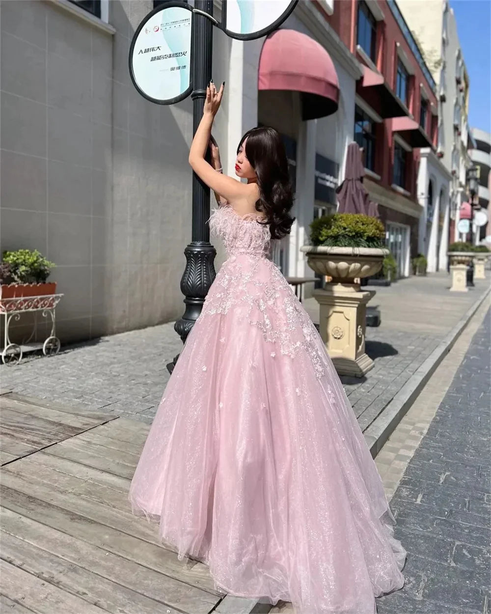 Pale Pink Ball Gown Prom Dress Lace Embroidery فساتين سهرة سعودية Off Shoulder Ostrich Hair vestido de festa noite-payinti