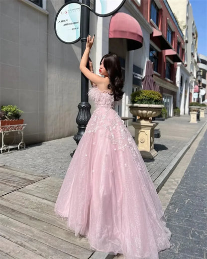 Pale Pink Ball Gown Prom Dress Lace Embroidery فساتين سهرة سعودية Off Shoulder Ostrich Hair vestido de festa noite-payinti