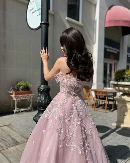 Pale Pink Ball Gown Prom Dress Lace Embroidery فساتين سهرة سعودية Off Shoulder Ostrich Hair vestido de festa noite-payinti