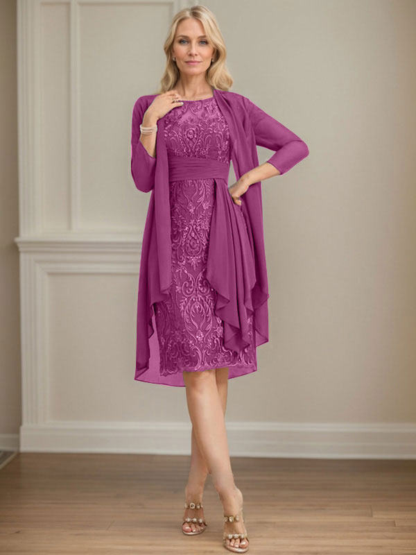 Vestido de madre de la novia de gasa con encaje, escote redondo, ilusión, largo hasta la rodilla, con volantes en cascada y lentejuelas