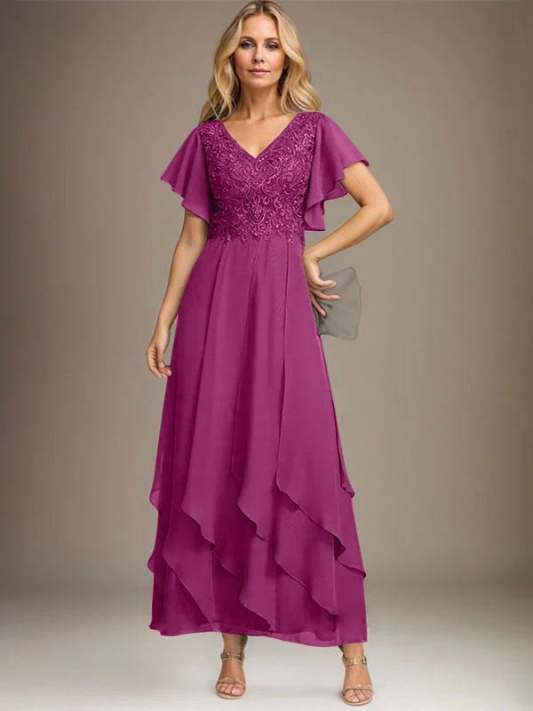 Vestido de gasa con encaje y escote en V hasta los tobillos para madre de la novia con volantes en cascada
