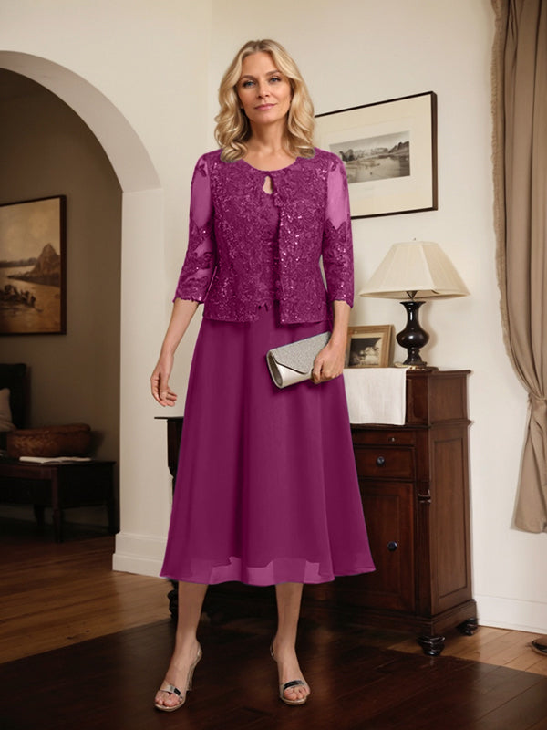 Vestido de gasa con encaje y lentejuelas para madre de la novia, corte A, escote redondo y largo hasta la rodilla