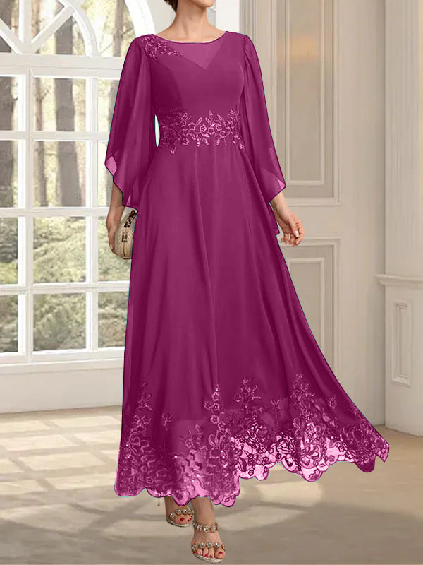 Vestido de gasa con encaje y lentejuelas para madre de la novia, corte A, escote ilusión, largo hasta los tobillos