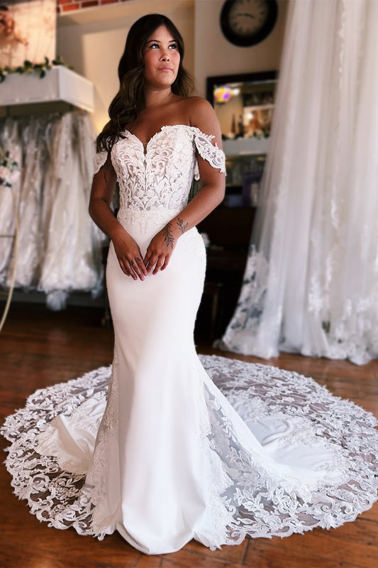 Increíble vestido de novia de sirena con hombros descubiertos, escote corazón, sin mangas, apliques, cola de encaje satinado
