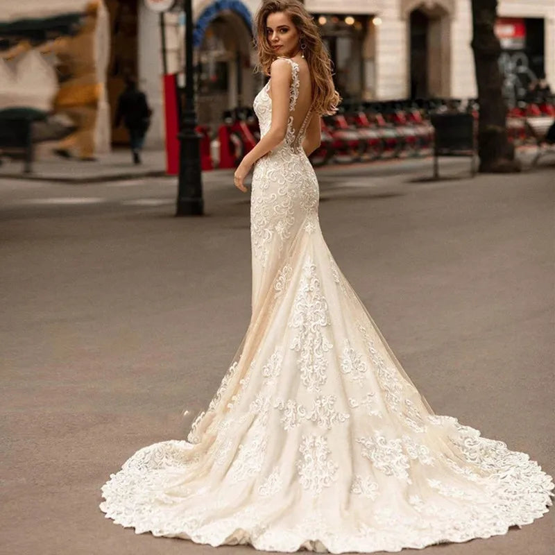 Appliques Vestido De Noiva Deep V-neck Mermaid Vestidos De Novia Vintage Wedding Dresses Lace Robe De Mariée-payinti