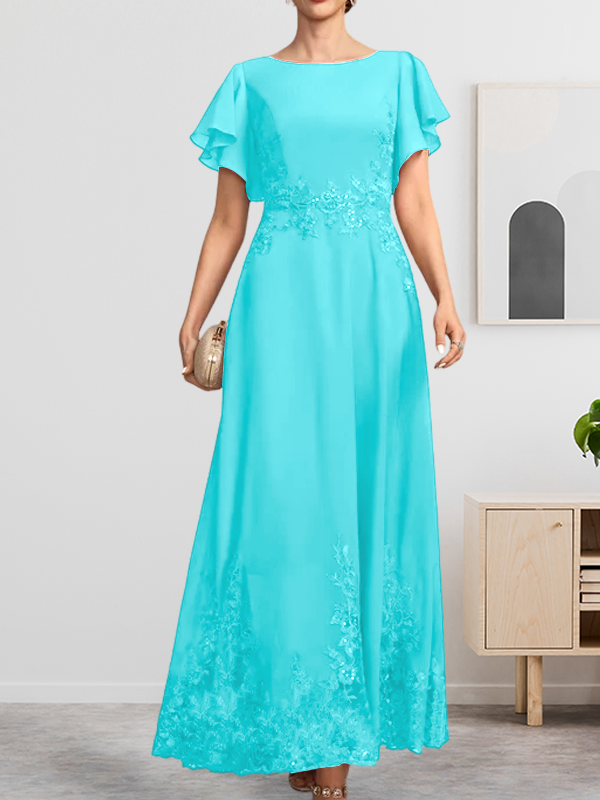A-Linie U-Ausschnitt Knöchellang Spitzen-Chiffon-Kleid für die Brautmutter mit Pailletten