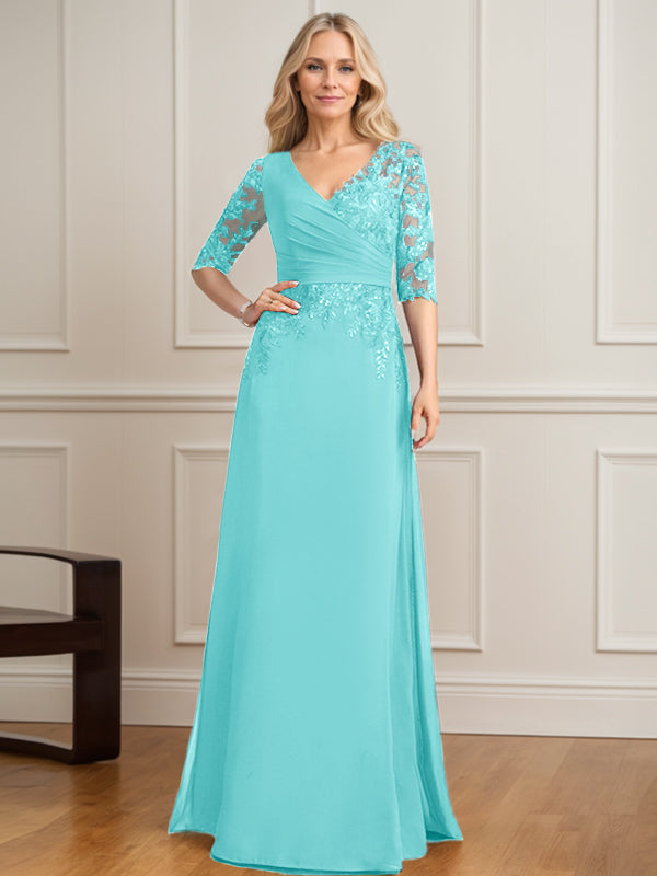 Vestido de madre de la novia de gasa con encaje, escote en V y lentejuelas plisadas hasta el suelo