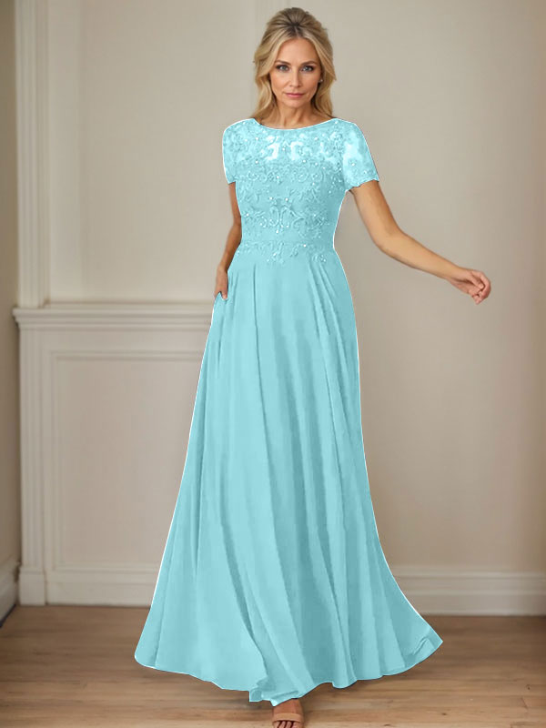 Vestido de gasa azul marino oscuro con escote barco, lentejuelas y corte en A