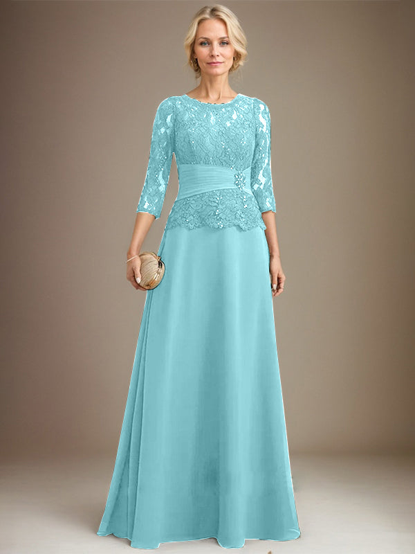Vestido de gasa con encaje, corte A, ilusión, largo hasta el suelo, para madre de la novia, con lentejuelas plisadas y abalorios