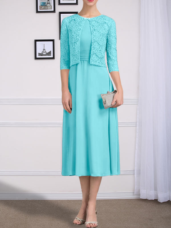 Vestido de gasa para madre de la novia con corte en A, escote redondo y largo hasta la rodilla con pliegues