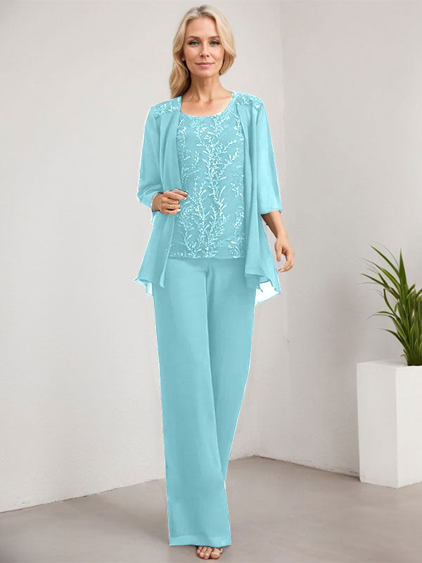 Vestido de madre de la novia de gasa con encaje, largo hasta el suelo, con lentejuelas y mono/pantalón separado