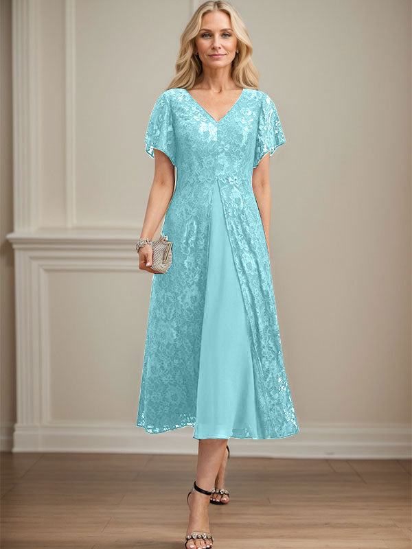 Vestido de gasa con encaje y escote en V para madre de la novia, largo hasta la rodilla