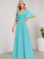 Vestido de madre de la novia de gasa con encaje, escote en V y lentejuelas, largo hasta el suelo
