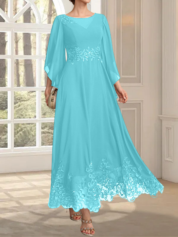 Vestido de gasa con encaje y lentejuelas para madre de la novia, corte A, escote ilusión, largo hasta los tobillos
