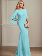 Vestido de madre de la novia de gasa con escote barco, corte trompeta/sirena, largo hasta el suelo, con pliegues