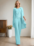 Vestido de madre de la novia de gasa con encaje, escote redondo y lentejuelas y mono/pantalón separado