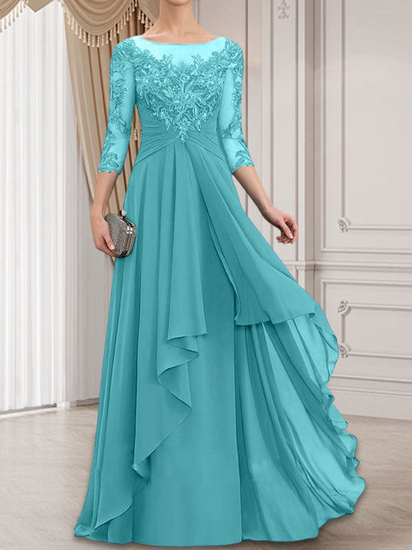 Vestido de gasa con encaje, corte A, escote ilusión, largo hasta el suelo, para madre de la novia con volantes en cascada