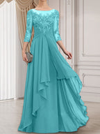 Vestido de gasa con encaje, corte A, escote ilusión, largo hasta el suelo, para madre de la novia con volantes en cascada