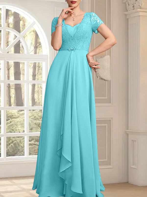 Vestido de madre de la novia de gasa con encaje, corte en A, escote corazón, largo hasta el suelo, con volantes en cascada y cuentas