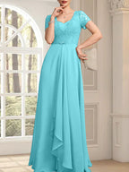 Vestido de madre de la novia de gasa con encaje, corte en A, escote corazón, largo hasta el suelo, con volantes en cascada y cuentas