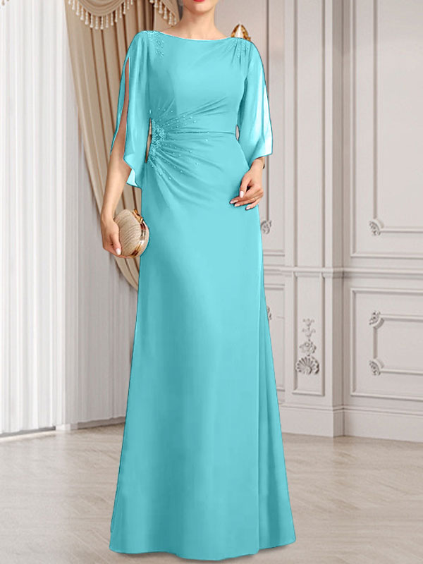 Vestido de gasa para madre de la novia con corte tubo/columna, escote redondo y largo hasta el suelo, con cuentas plisadas