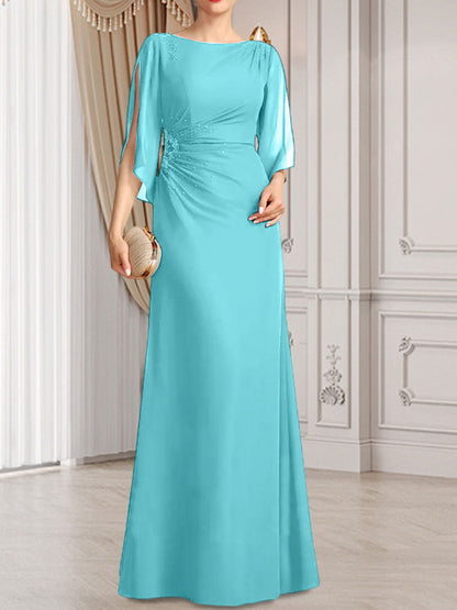 Etui-Linie/Säule U-Ausschnitt Bodenlang Chiffon Kleid für die Brautmutter mit Plissee Perlenbesatz