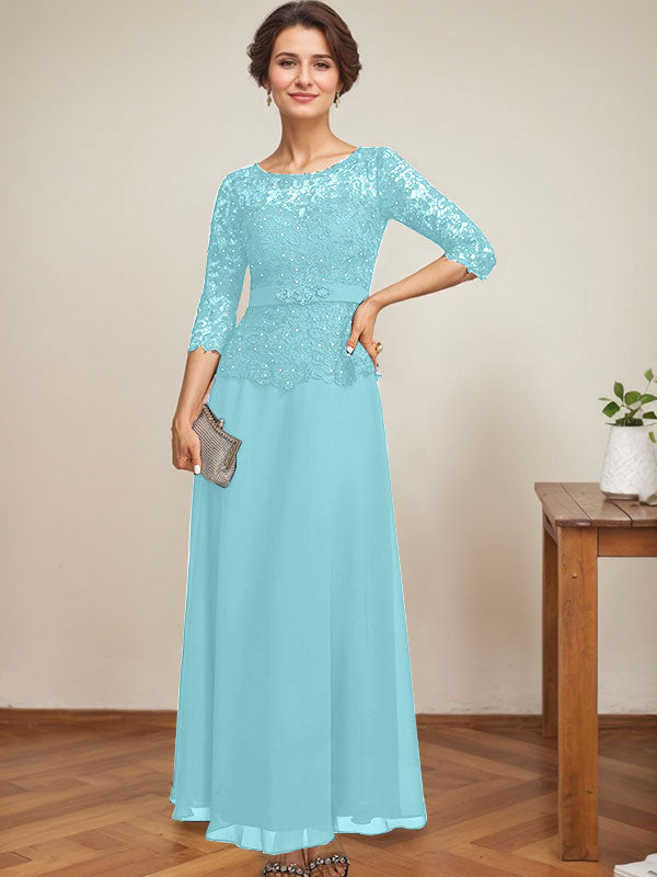 Vestido de gasa con encaje y escote en A, ilusión, largo hasta los tobillos, para madre de la novia con cuentas de diamantes de imitación