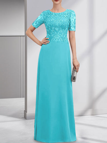 Vestido de gasa con encaje y lentejuelas para madre de la novia, corte A, largo hasta el suelo