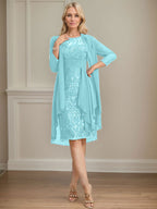 Vestido de madre de la novia de gasa con encaje, escote redondo, ilusión, largo hasta la rodilla, con volantes en cascada y lentejuelas