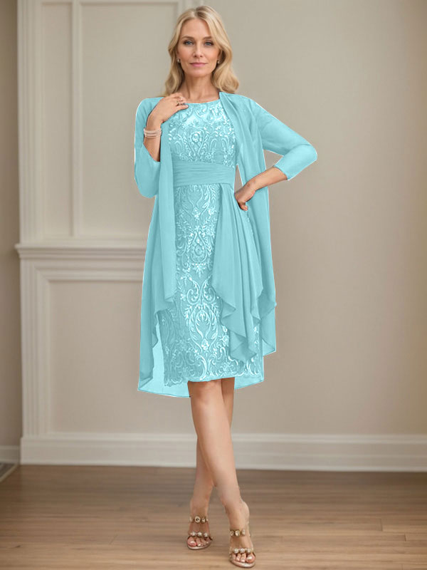 Vestido de madre de la novia de gasa con encaje, escote redondo, ilusión, largo hasta la rodilla, con volantes en cascada y lentejuelas