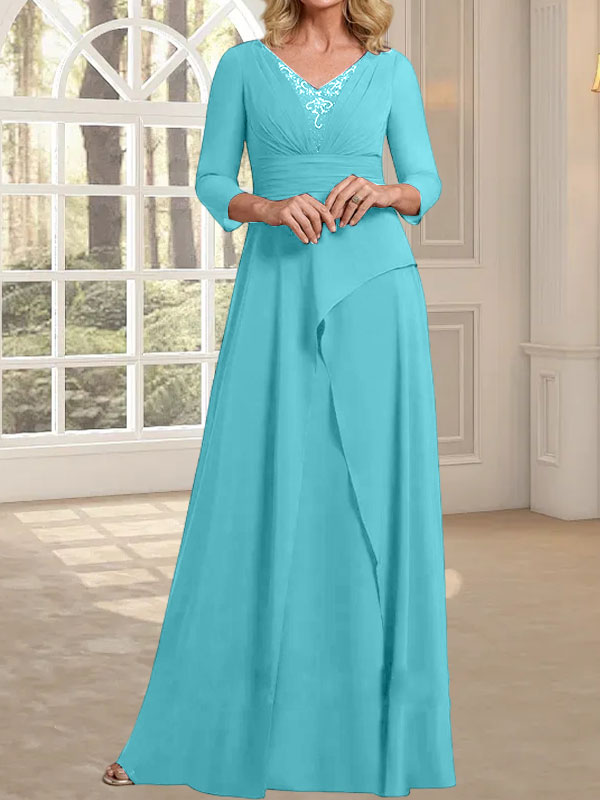 Vestido de gasa para madre de la novia con escote en V, largo hasta el suelo, con pliegues y cuentas
