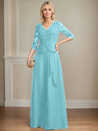 A-Linie V-Ausschnitt Bodenlanges Spitzen-Chiffon-Kleid für die Brautmutter mit kaskadierenden Rüschen und Pailletten 