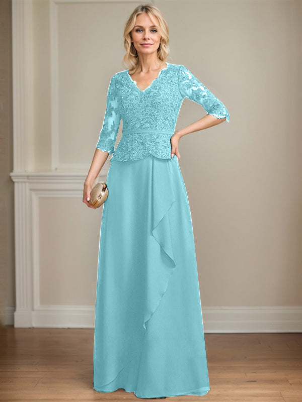 Vestido de madre de la novia de gasa con encaje, escote en V, largo hasta el suelo, con volantes en cascada y lentejuelas