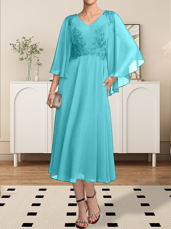 A-Linie V-Ausschnitt Wadenlanges Chiffon-Spitzenkleid für die Brautmutter mit Perlen und Pailletten