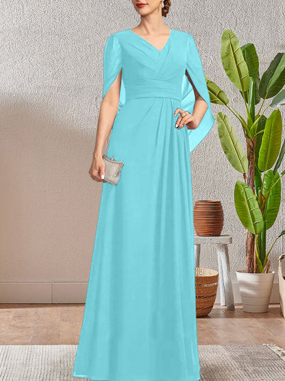 Dark Navy A-Line V-Neck Long Mother of Bride Dress
