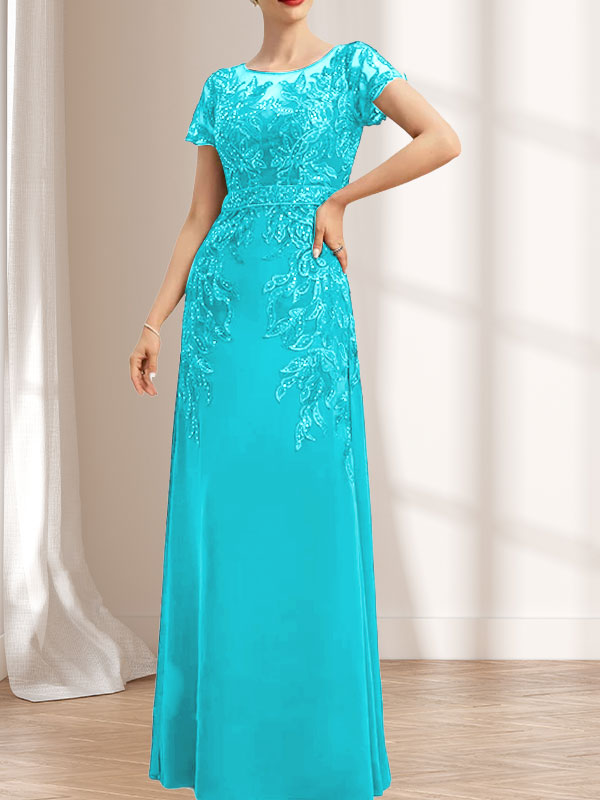 Vestido de madre de la novia de gasa con encaje, escote redondo, ilusión, largo hasta el suelo, con lentejuelas